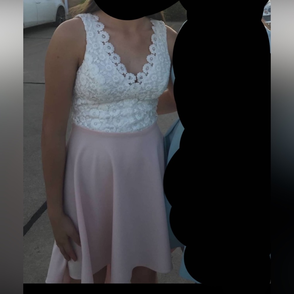 B. darlin white lace top with baby pink high low bottom